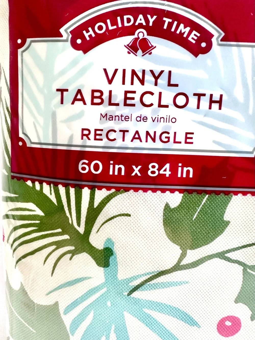 Holiday Time Vinyl Rectangle Tablecloth - Pinecone & Berries (White/Green)